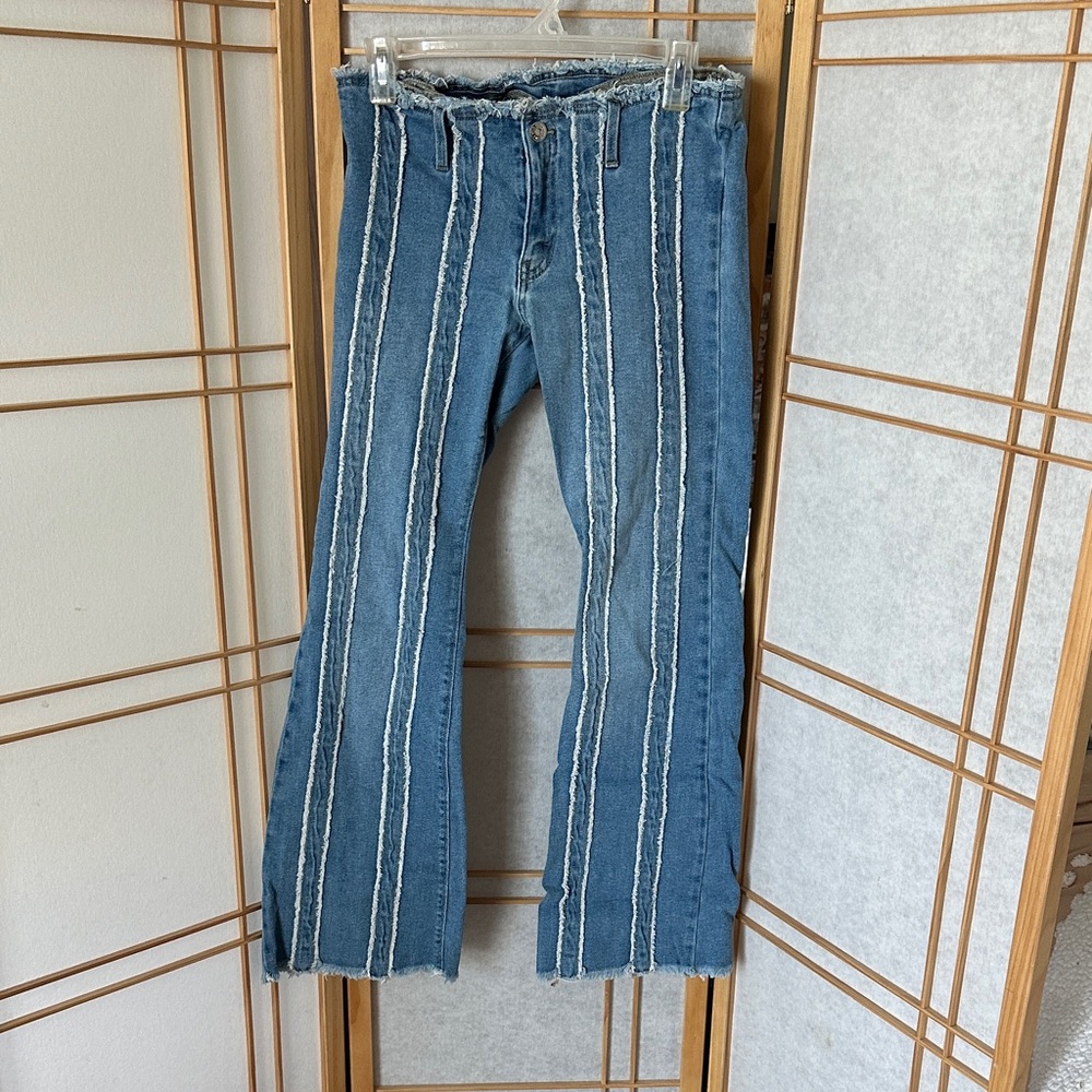 Blue Frayed Denim Jeans with White Stripes